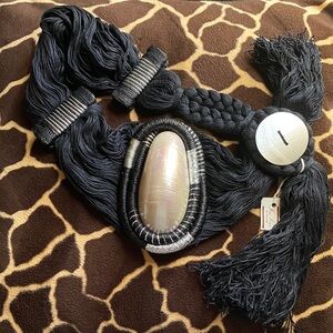 Very Rare Vintage Black, Silver, and Faux Shell Braided Fringe Belt